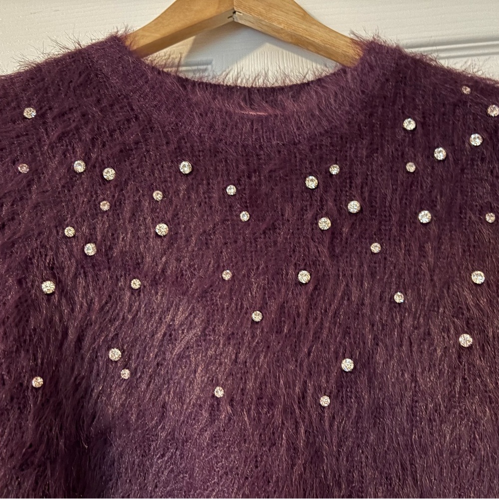 NWT Muse Plum Fuzzy Crewneck Sweater with Rhinestone Accents - Picture 2 of 8